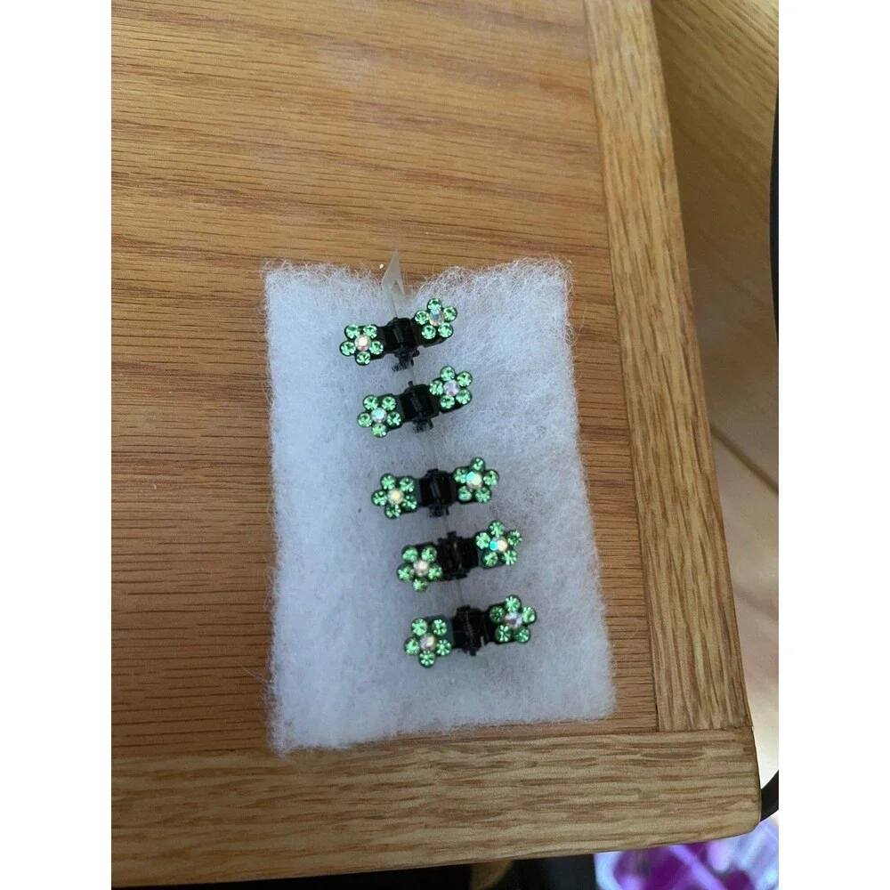 Five Green Rhinstone Flower Hair Clips - Metal - New